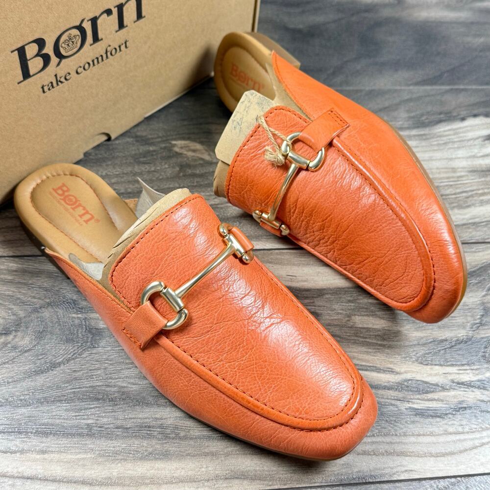 NIB Born Lareina 9M Leather Moc Toe Horsebit Slip On Mules Clog Orange